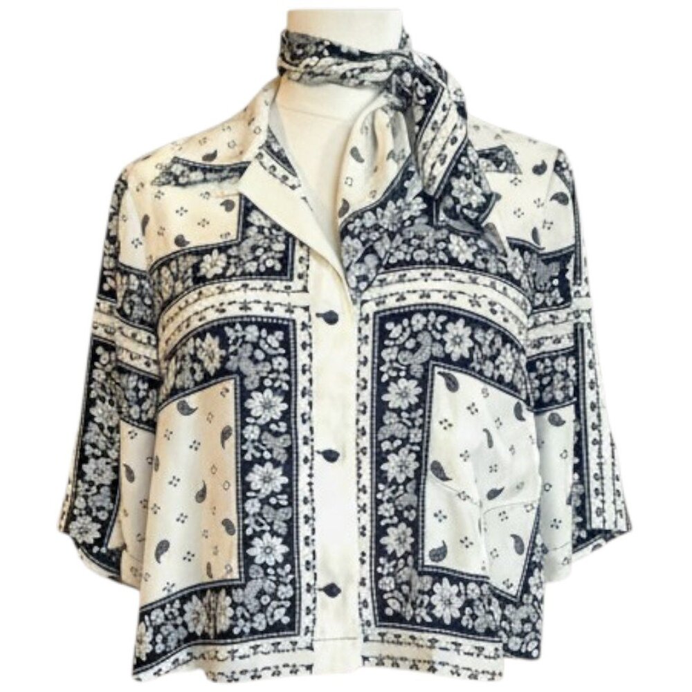 Cinq A Sept Bandana Print Blue matching scarf cropped shirt Size Small silk